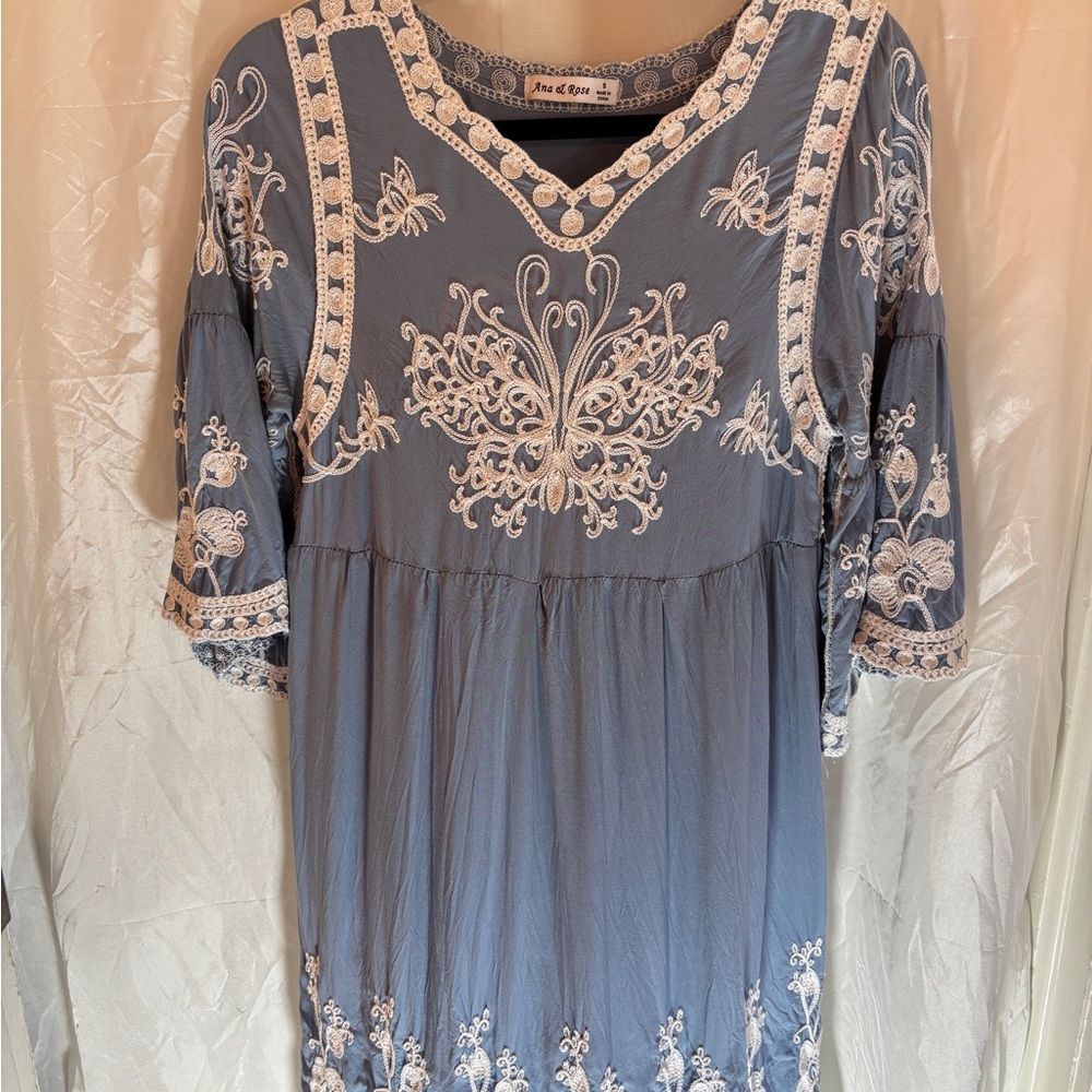 Ana J Rose Blue Midi Dress with White Embroidery